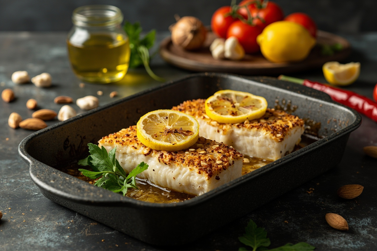 Almond and Mozzarella Crusted Cod Traybake