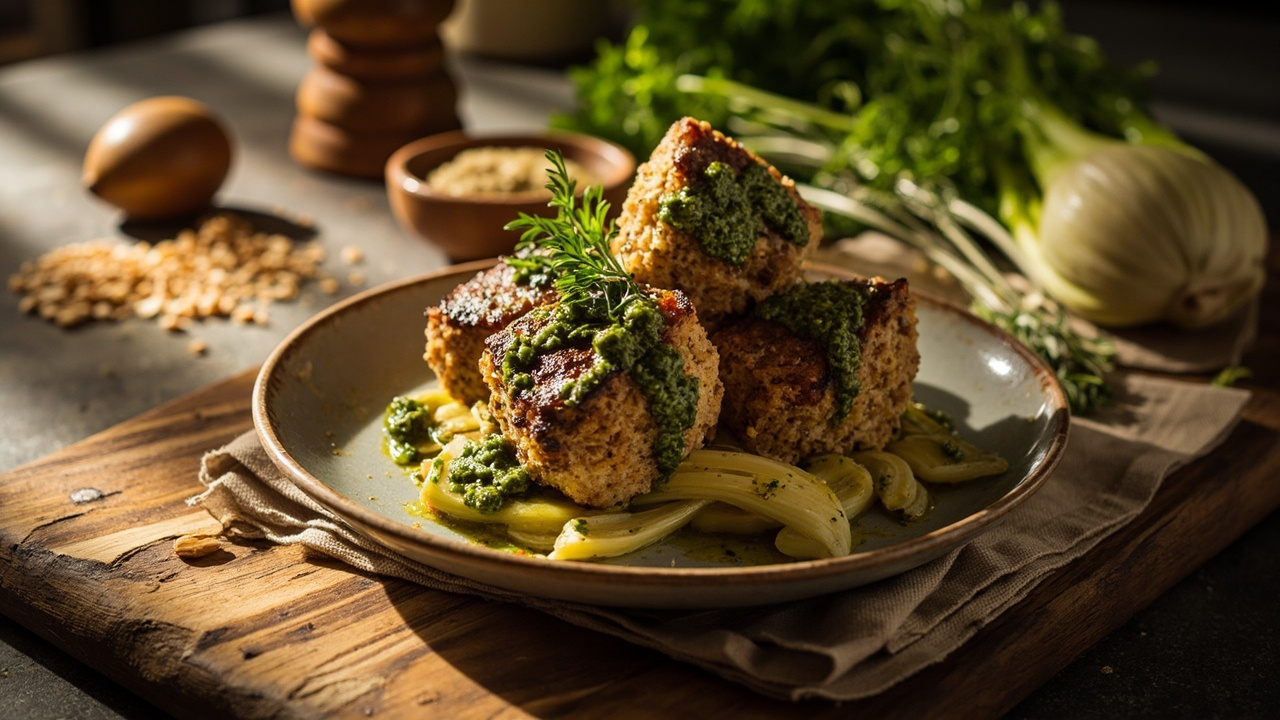 Almond-Crusted Lamb Bites with Charred Fennel and Chimichurri