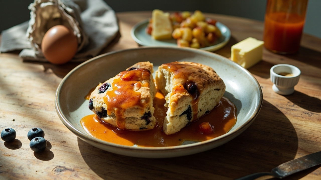 Almond Flour Blueberry Scones with Hot Sauce Caramel Pineapple