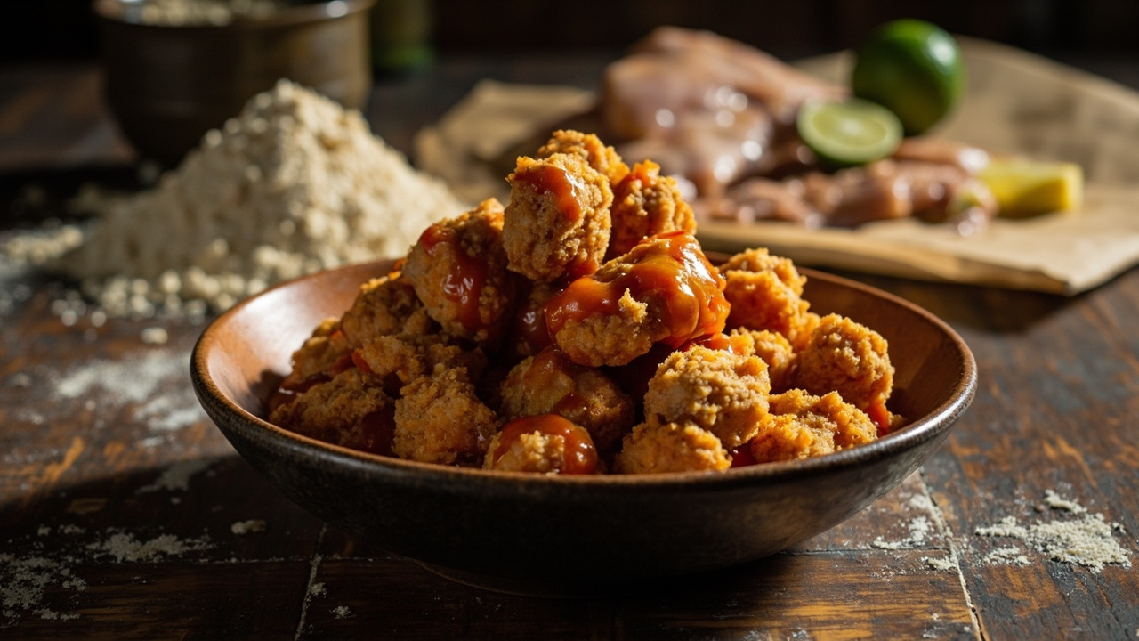 Almond Flour Crusted Chicken Bites with Hot Sauce Lime Glaze