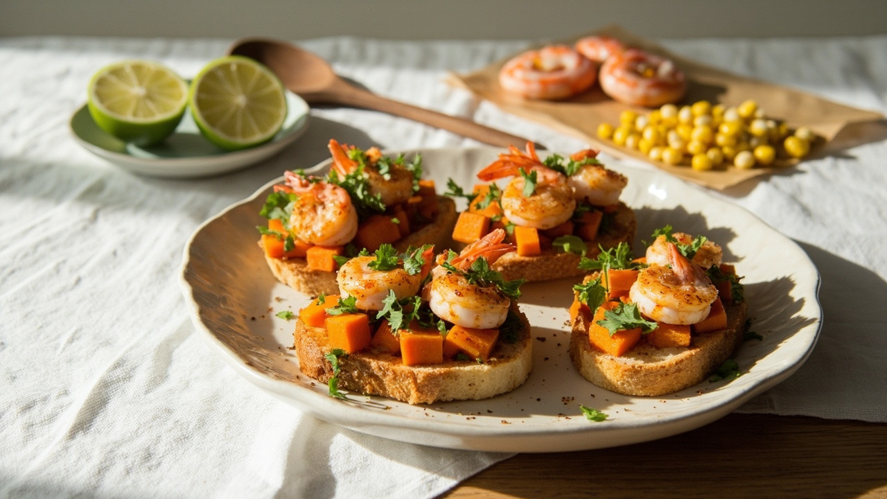 Almond‑Flour Shrimp Crostini with Lime, Sweet Potato, and Corn