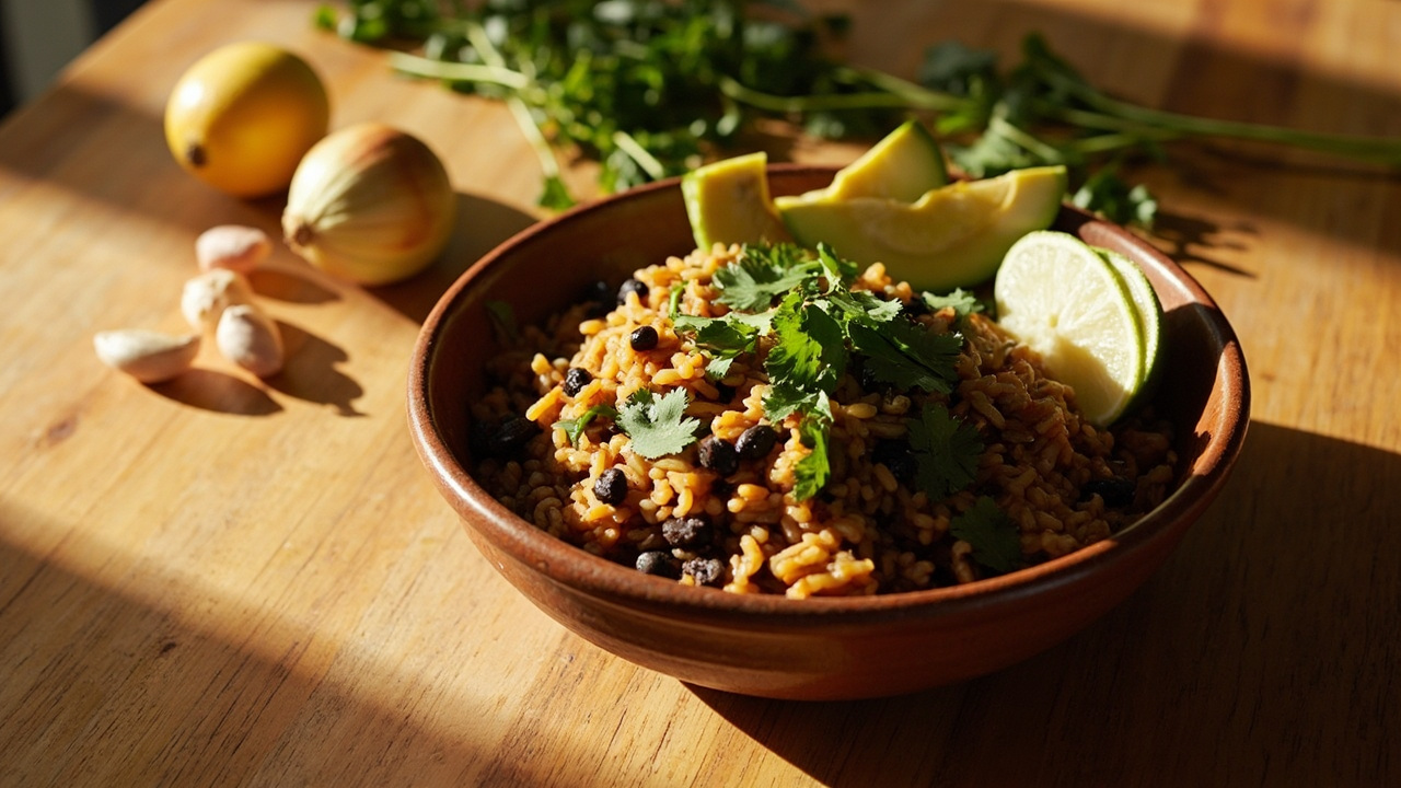 Arroz con Frijoles Negros y Hogao