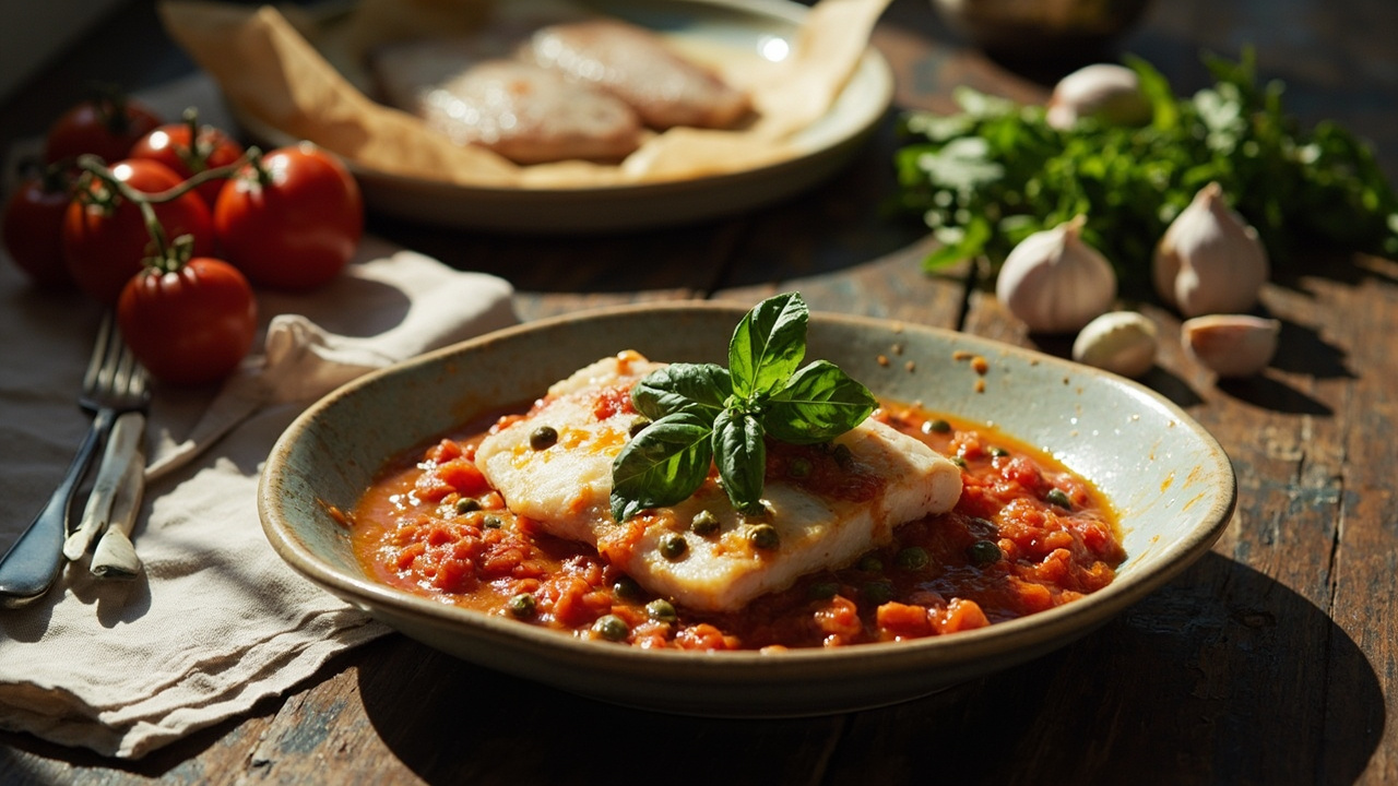 Baked Cod with Capers, Tomato and Basil
