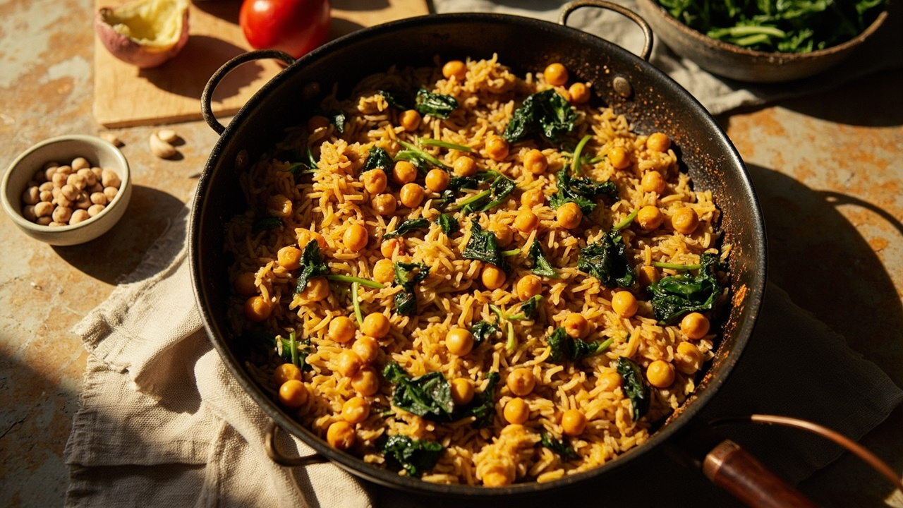 Baked Rice with Chickpeas, Spinach and Smoked Paprika