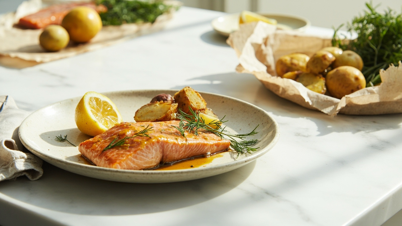 Baked Salmon with Mustard-Dill Glaze and Roasted Potatoes