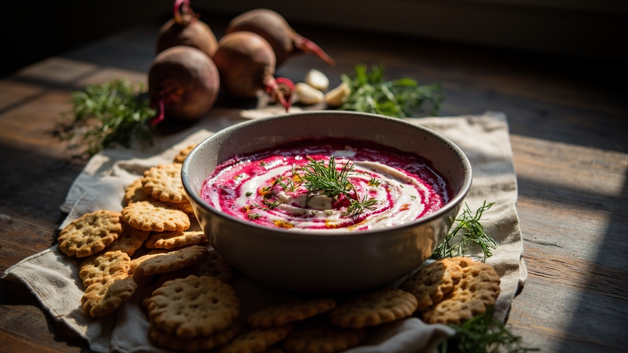 Beet and Dill Yogurt Dip with Rye Crackers