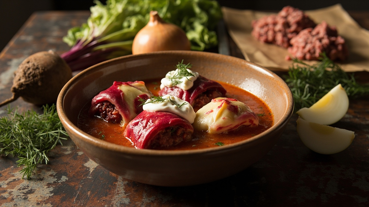 Beet and Ground Beef Stuffed Cabbage Rolls with Dill Cream