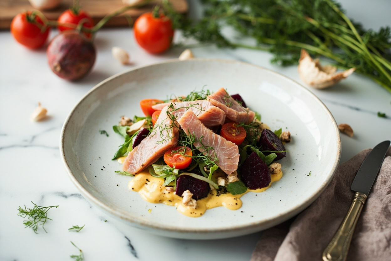 Beet and Trout Salad with Mustard Cream