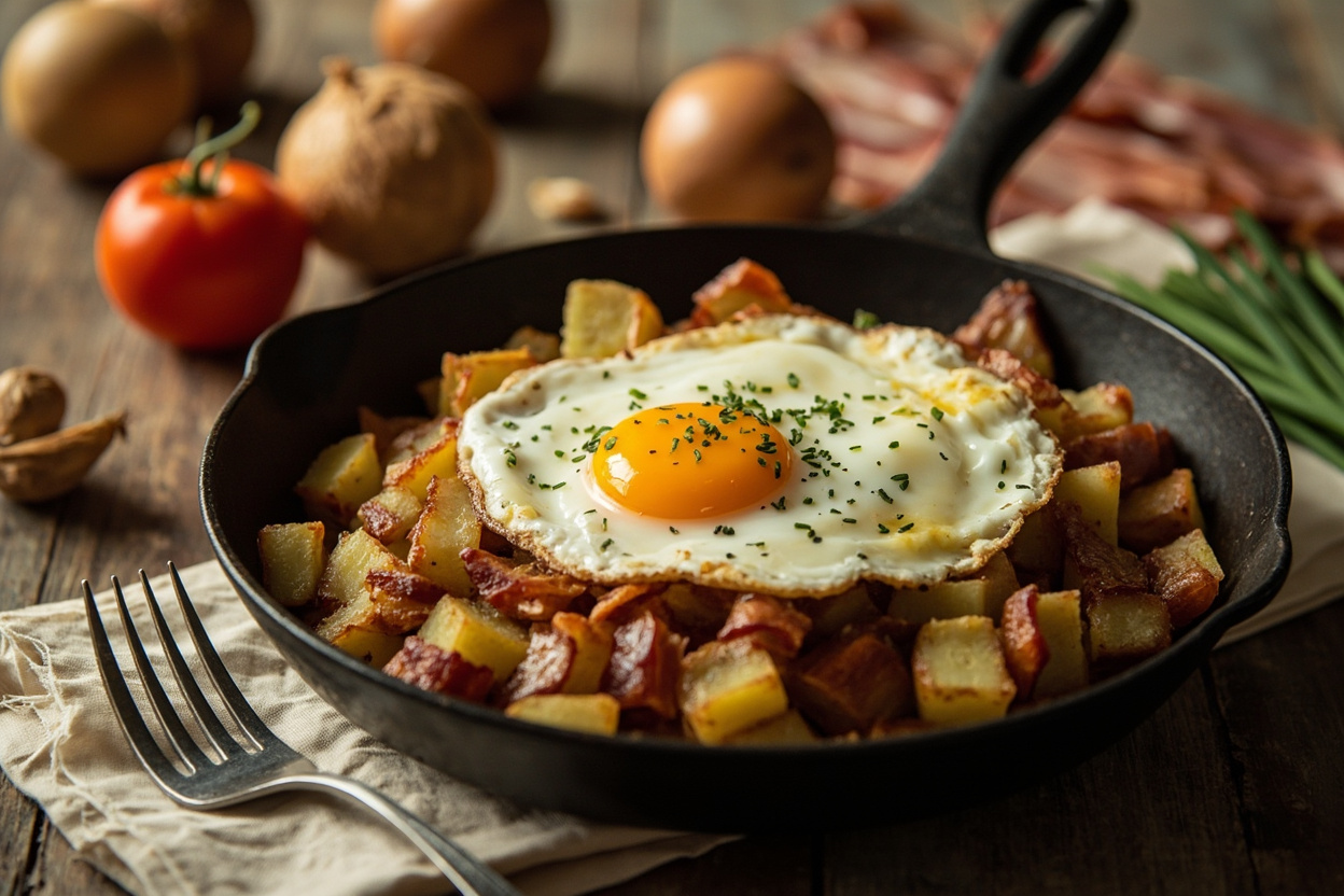 Biksemad Potato Hash with Bacon and Fried Egg
