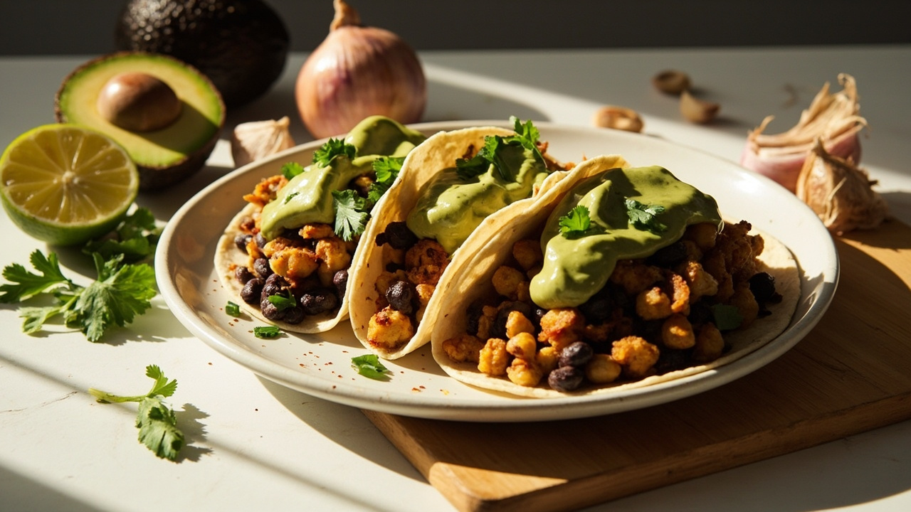 Black Bean and Chickpea Tacos with Avocado Lime Crema