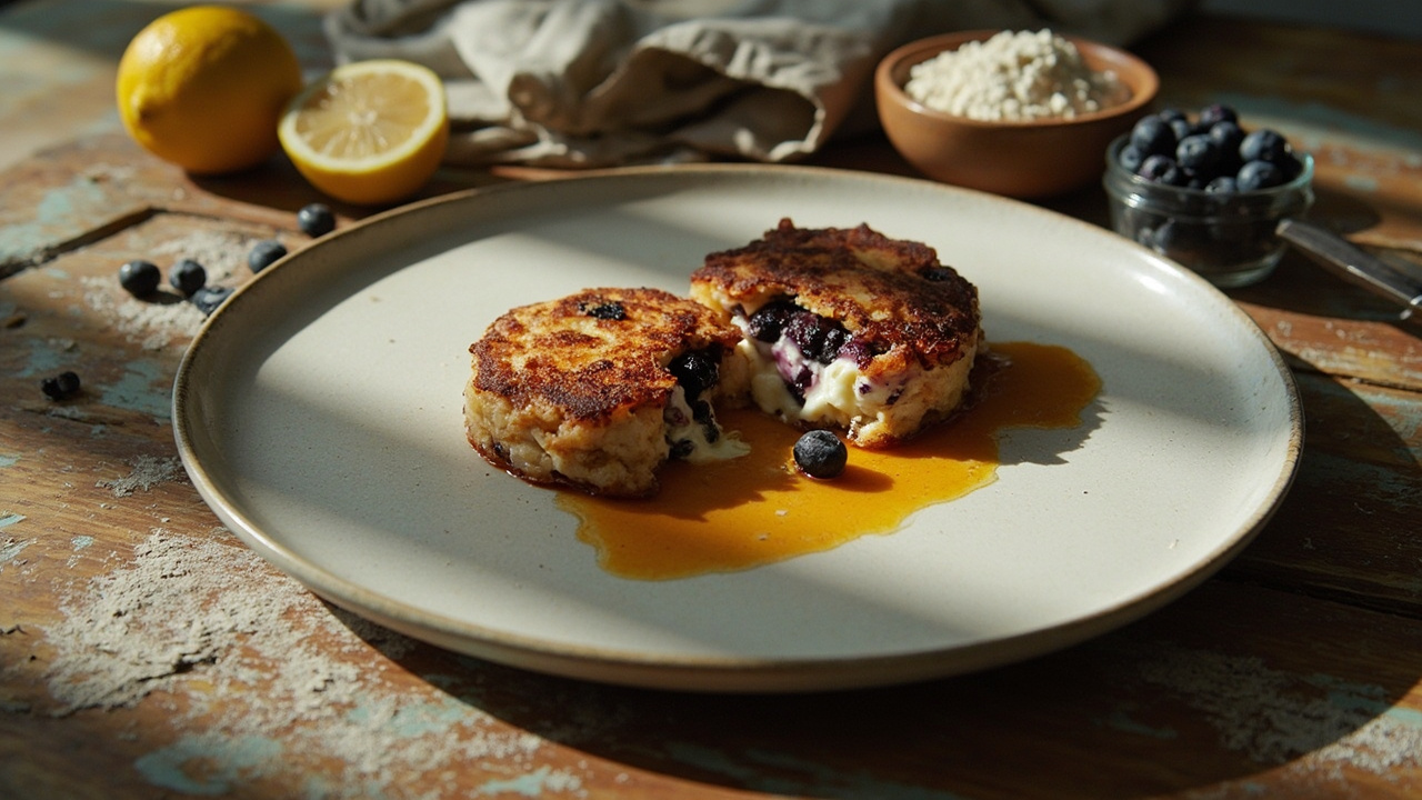 Blueberry Ricotta Rice Cakes with Honey and Hot Sauce