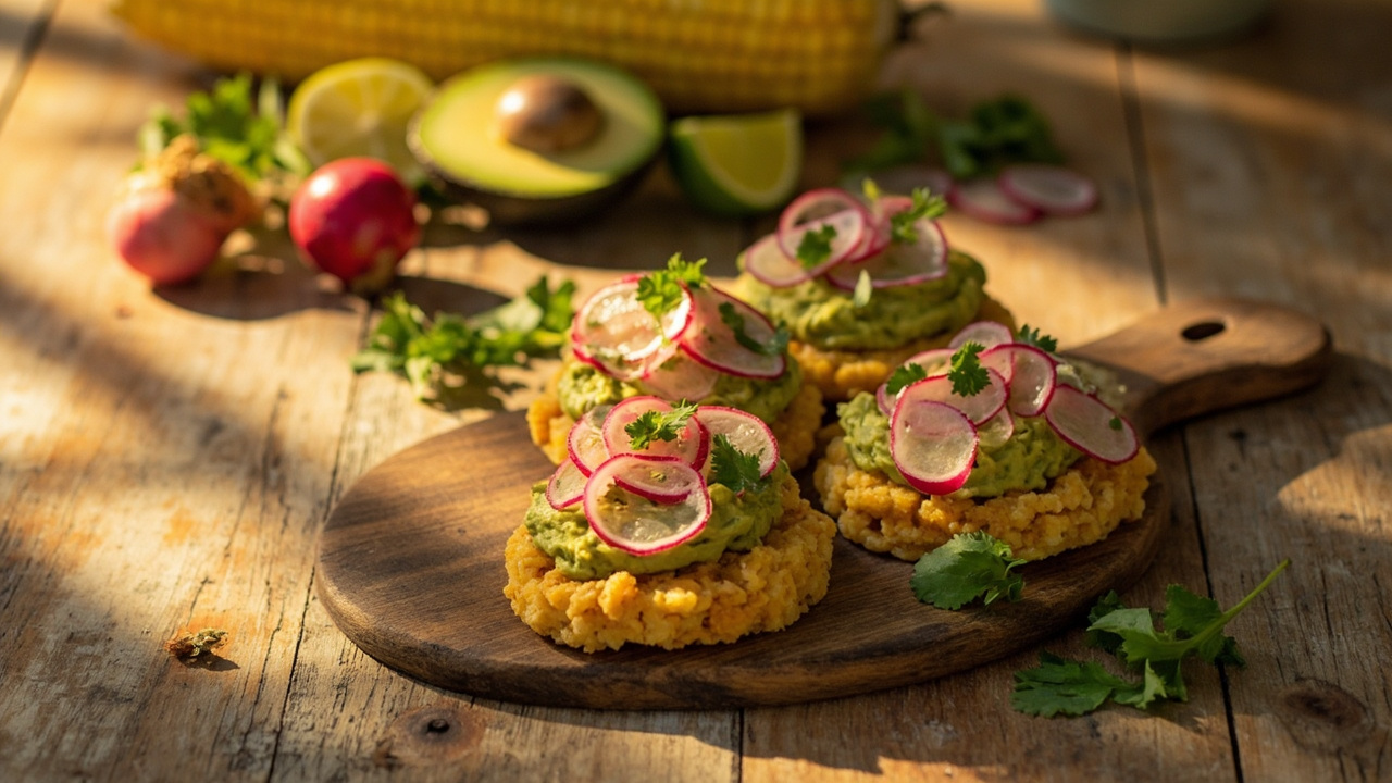Bocadillo de Aguacate y Radish — Avocado Mash on Crispy Corn Rounds