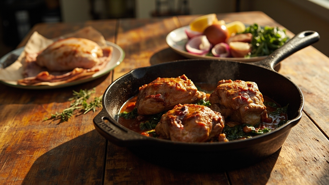 Braised Chicken Thighs with Bacon and Collards