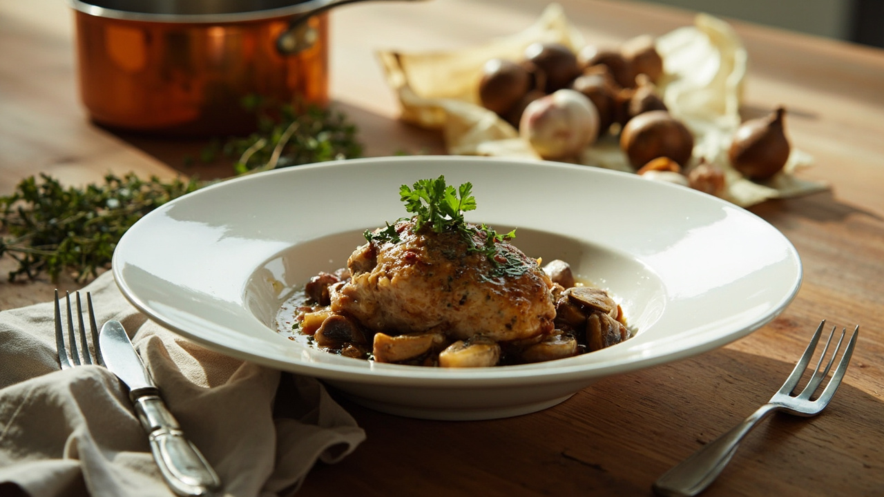 Braised Chicken Thighs with Wine-Reduced Mushroom Sauce