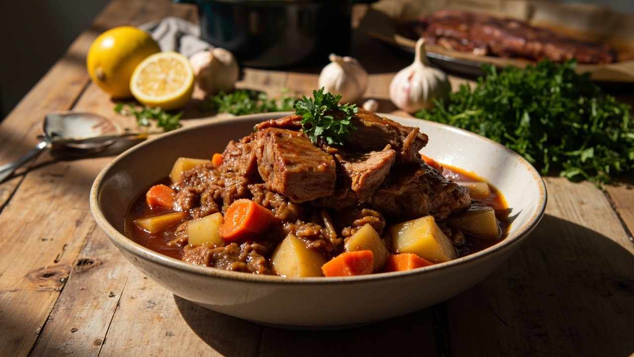 Braised Pork Belly with Sweet Paprika and Caramelized Onion