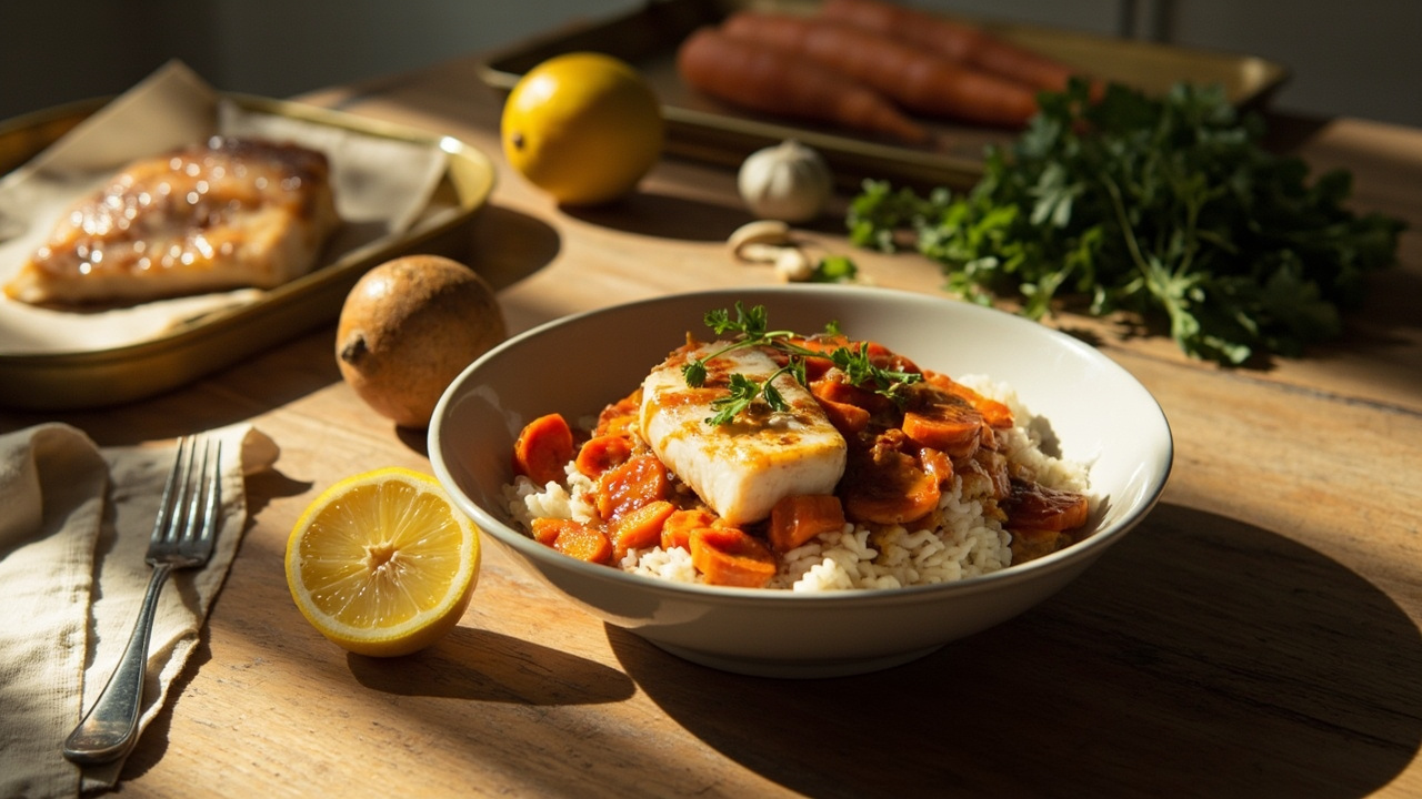Bright Lemon Cod over Rice with Roasted Carrot