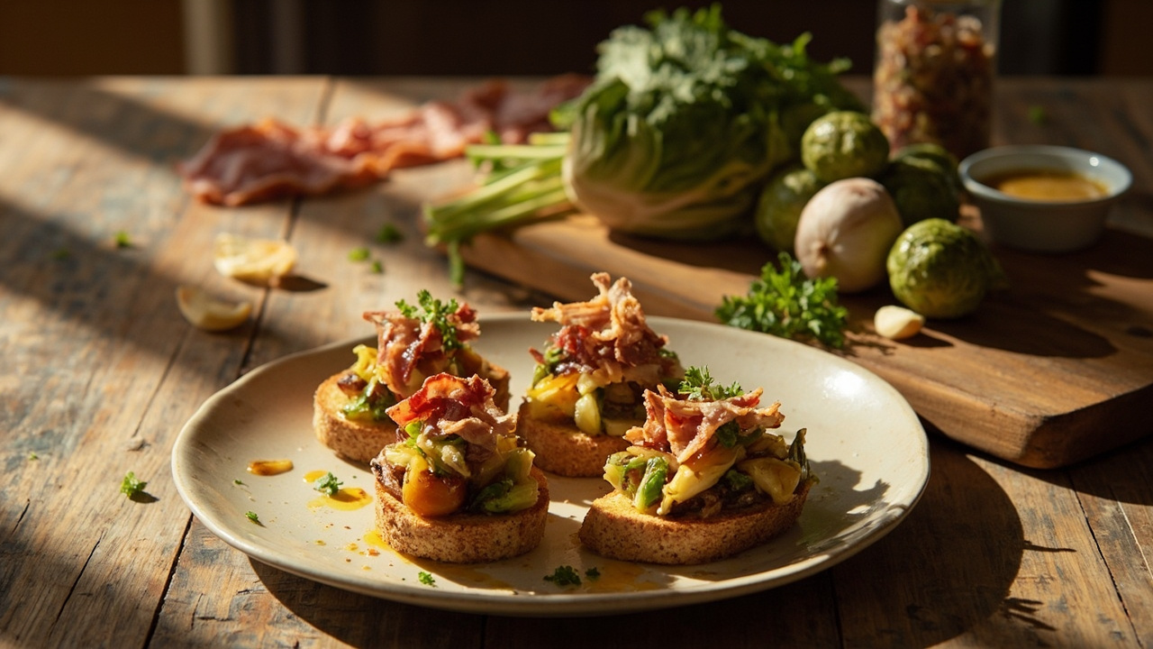 Brussels Sprout Crostini with Mustard Butter and Crispy Bacon