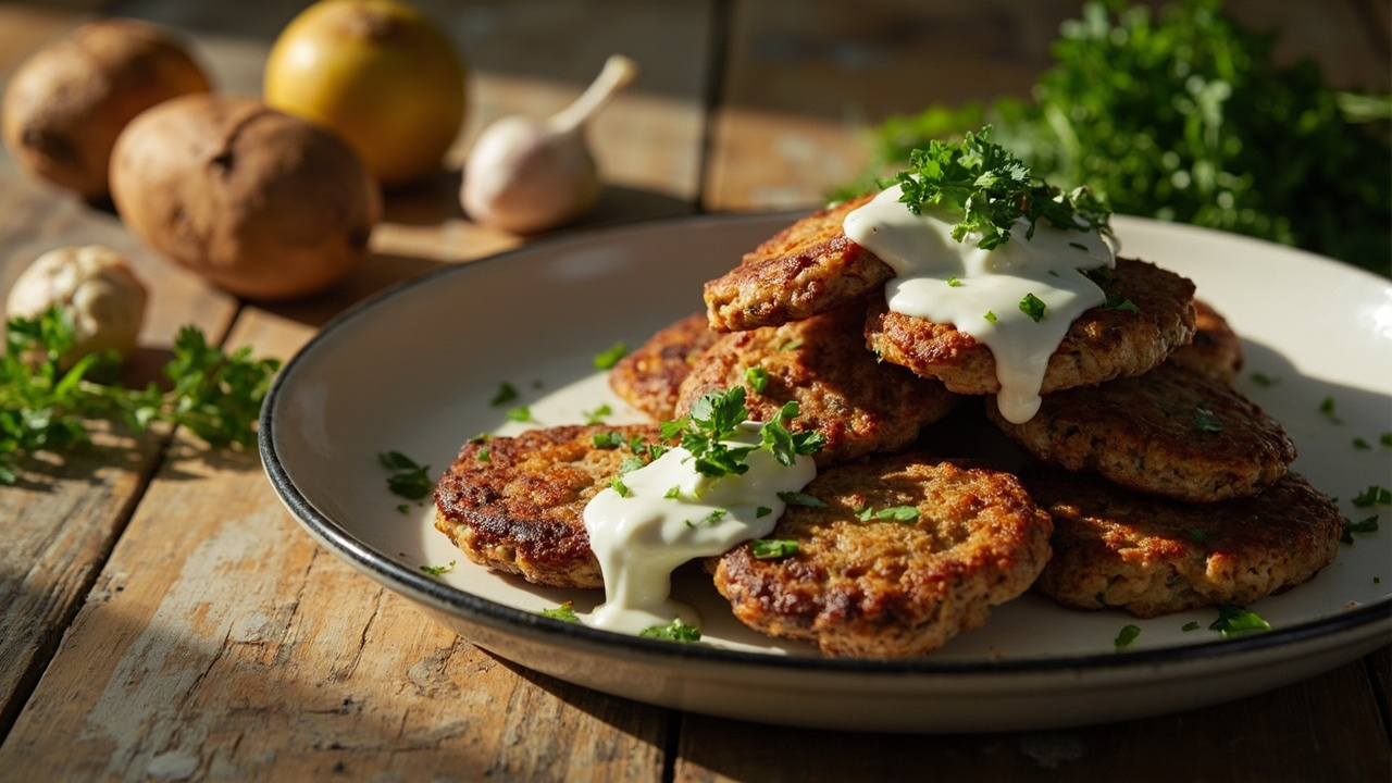 Buckwheat and Ground Beef Fritters with Yogurt and Parsley
