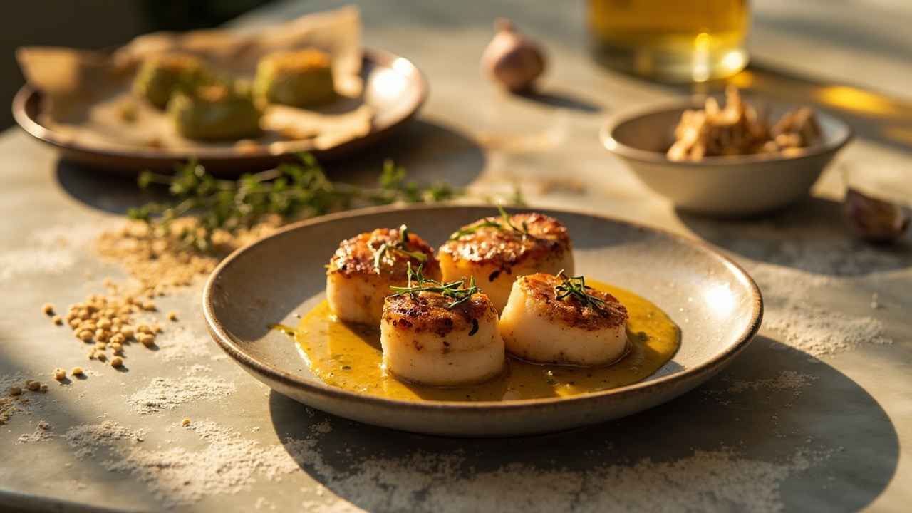 Buckwheat-Crusted Scallops with Dry Vermouth Reduction and Thyme Butter