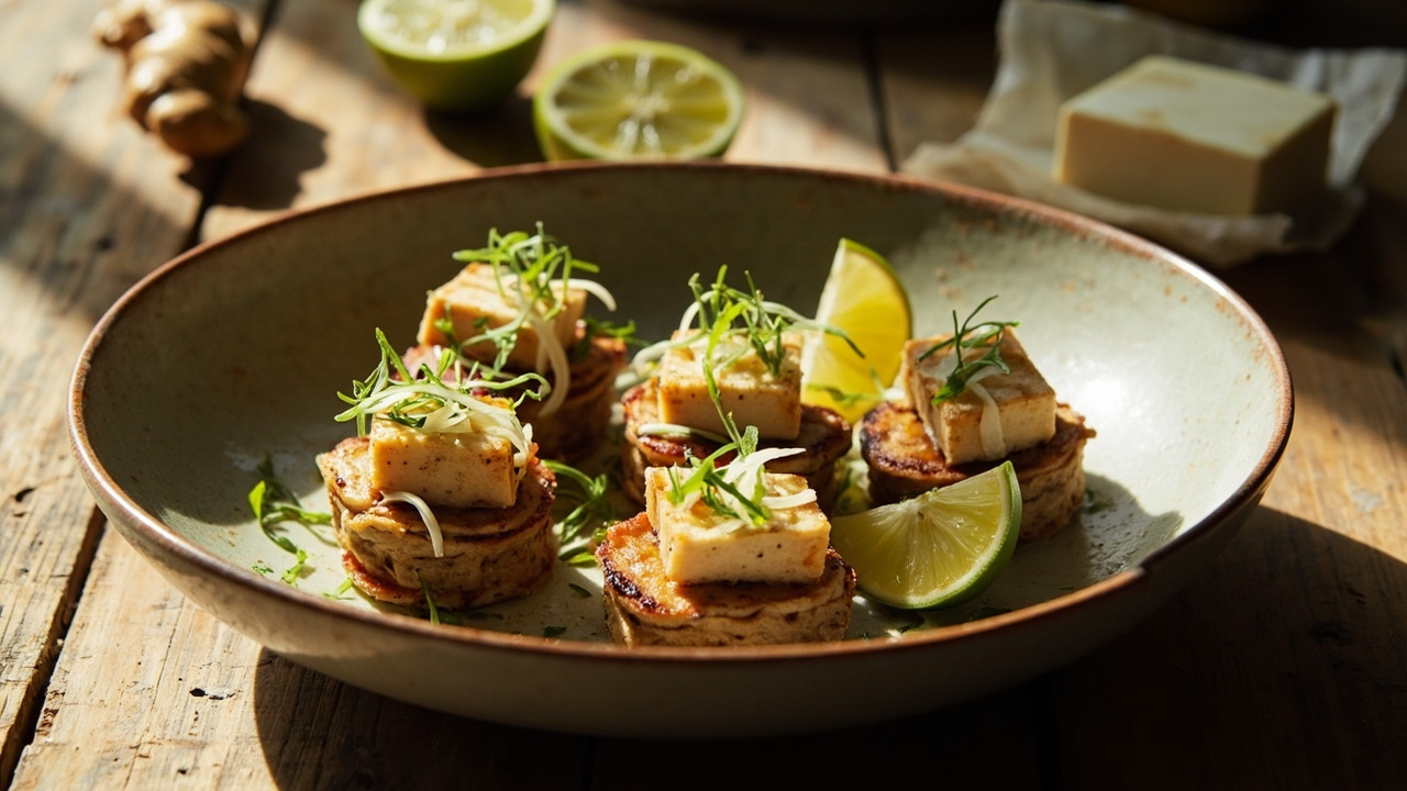 Buckwheat Pancake Bites with Coconut‑Ginger Tofu and Fennel