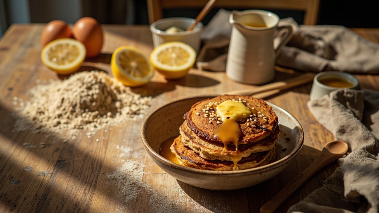 Buckwheat‑Sesame Pancake Stack with Honey‑Lemon Butter