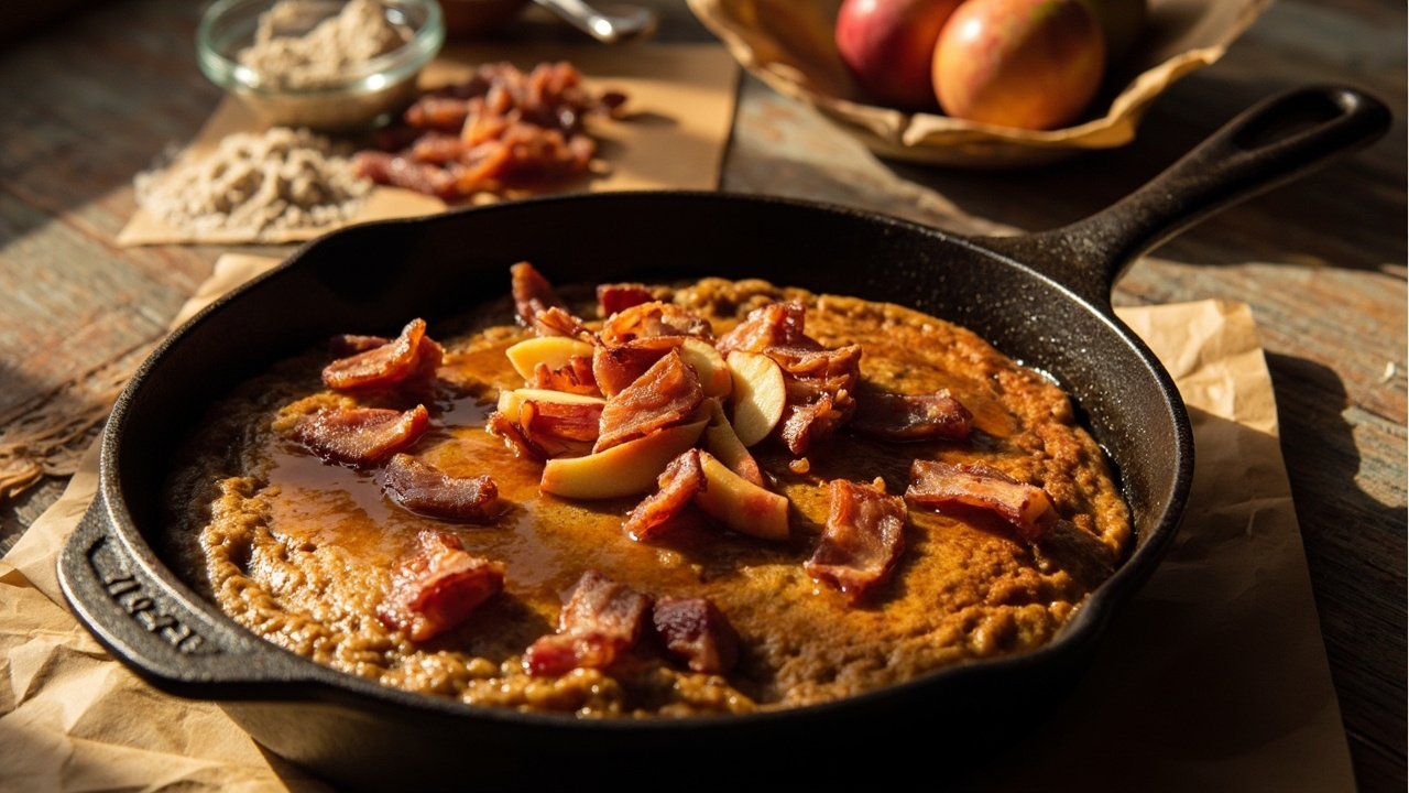Buckwheat Skillet Pancake with Apple, Bacon, and Maple