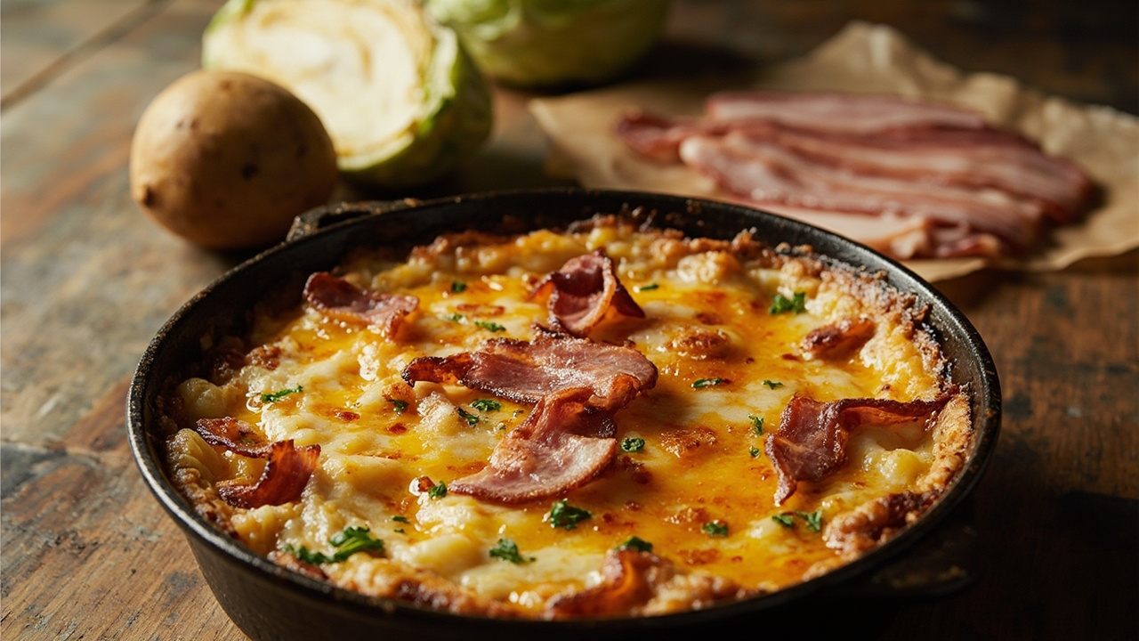 Buttered Cabbage and Potato Gratin with Crispy Bacon