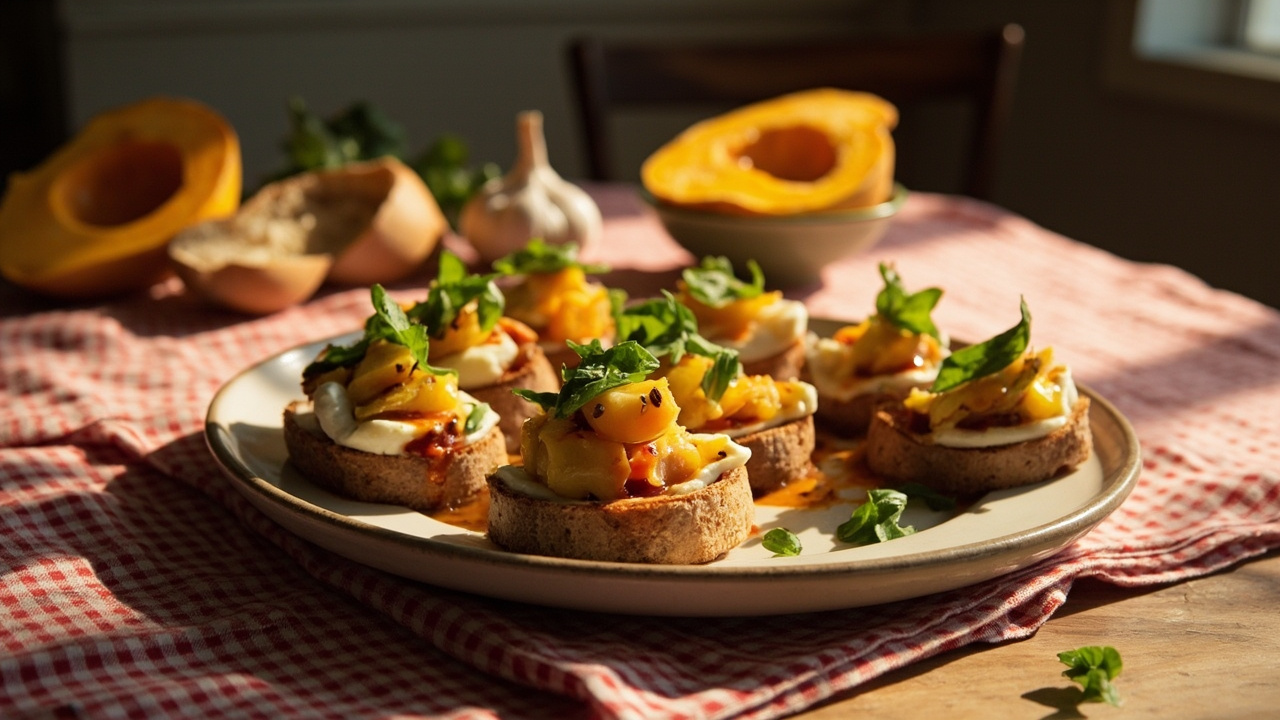 Butternut Squash & Mozzarella Crostini with Smoked Paprika Drizzle