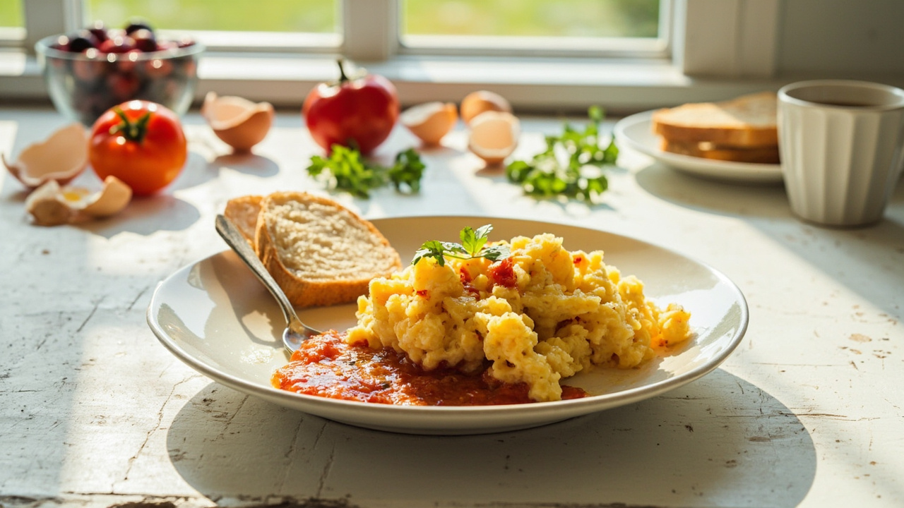Buttery Scrambled Eggs with Smoky Tomato and Bell Pepper on White Bread