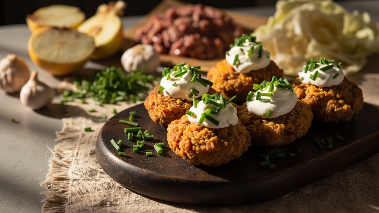 Cabbage and Beef Rissoles with Sour Cream and Chives