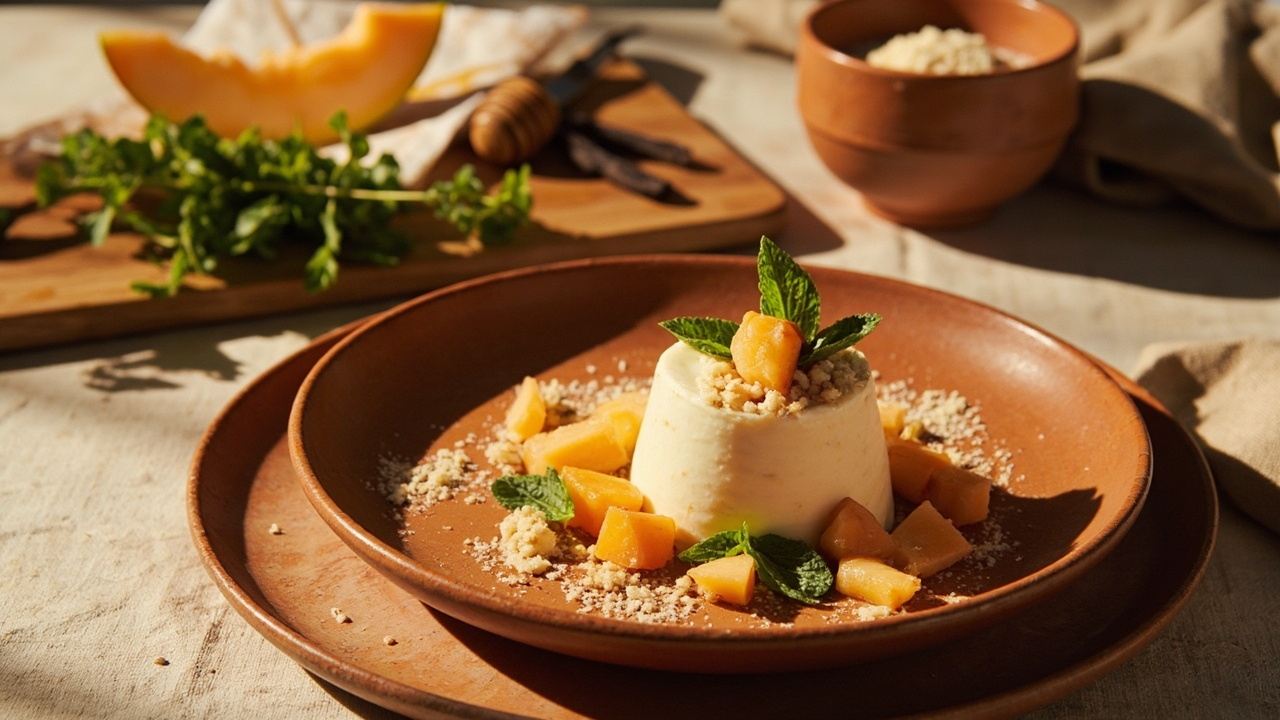 Cantaloupe Yogurt Panna Cotta with Almond Flour Crumble and Mint