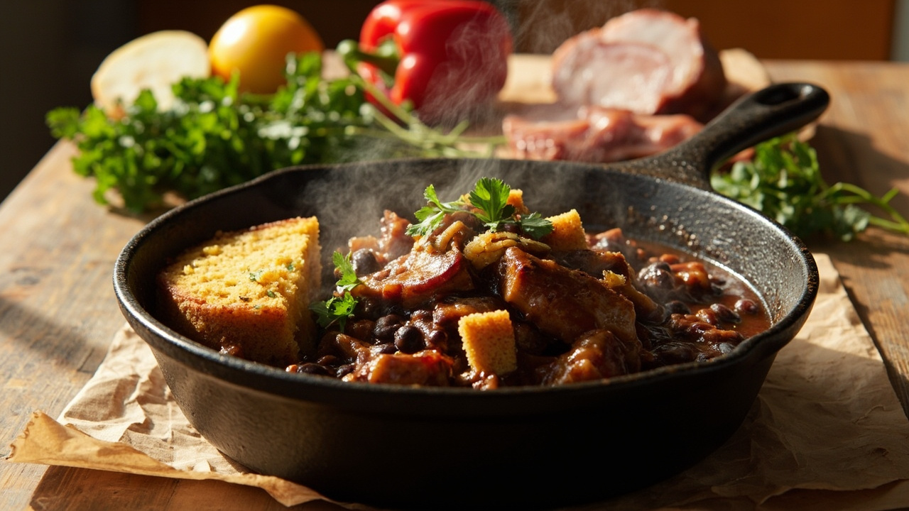 Cast Iron Spicy Pork Belly and Black Bean Skillet