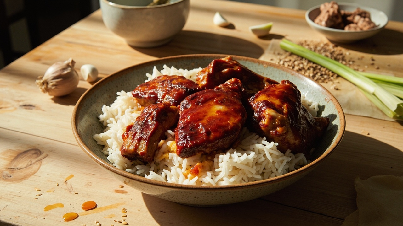 Cayenne Glazed Chicken Thighs Over White Rice