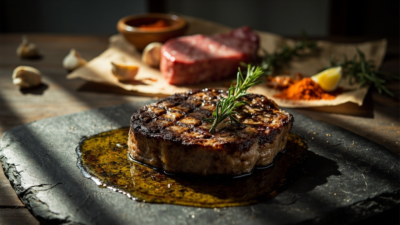 Charcoal-Grilled Beef Steak with Garlic, Paprika and Rosemary