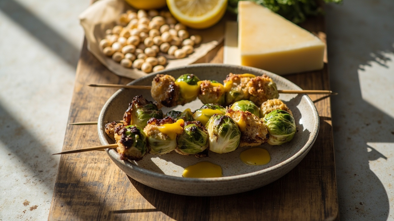 Charred Brussels Sprout and White Bean Skewers with Lemon and Parmesan