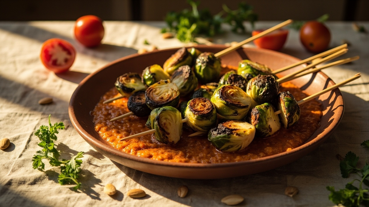 Charred Brussels Sprout Skewers with Almond Romesco