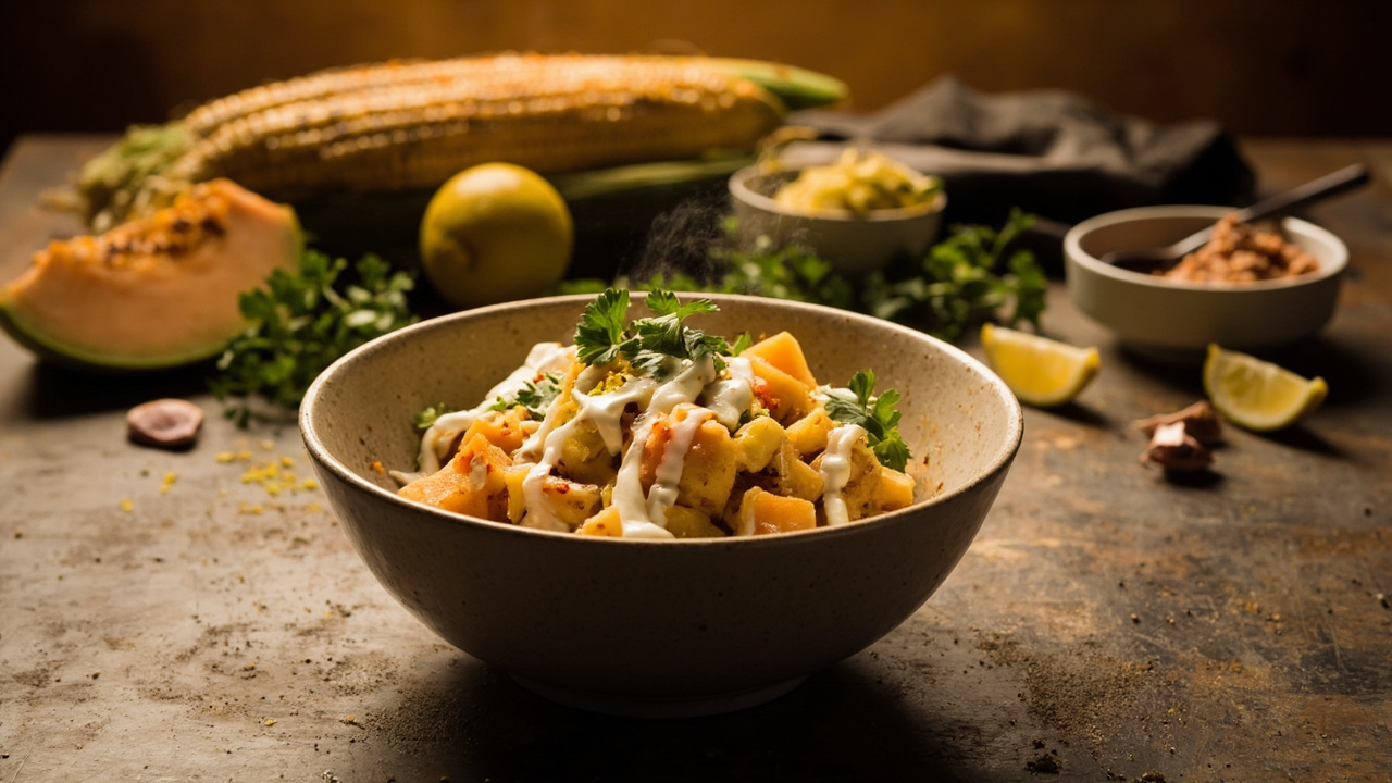 Charred Corn and Cantaloupe Bowl with Braai Spice and Sour Cream