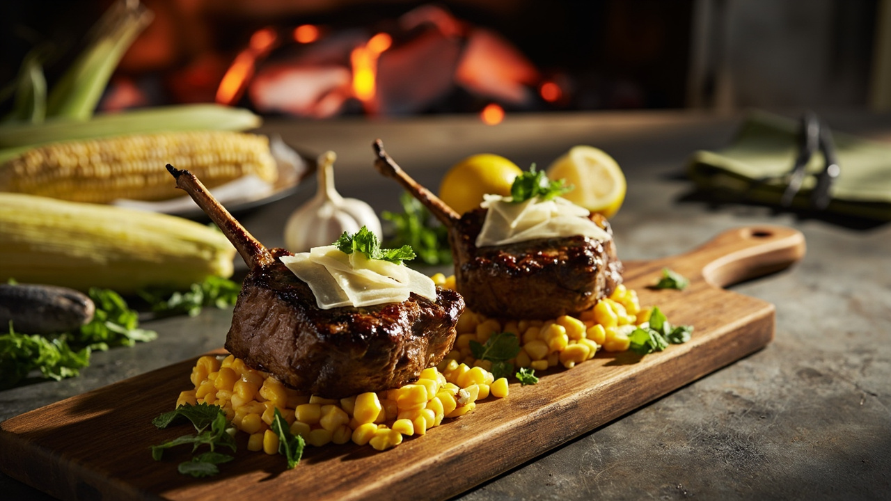 Charred Lamb Chop over Corn and Mint with Manchego