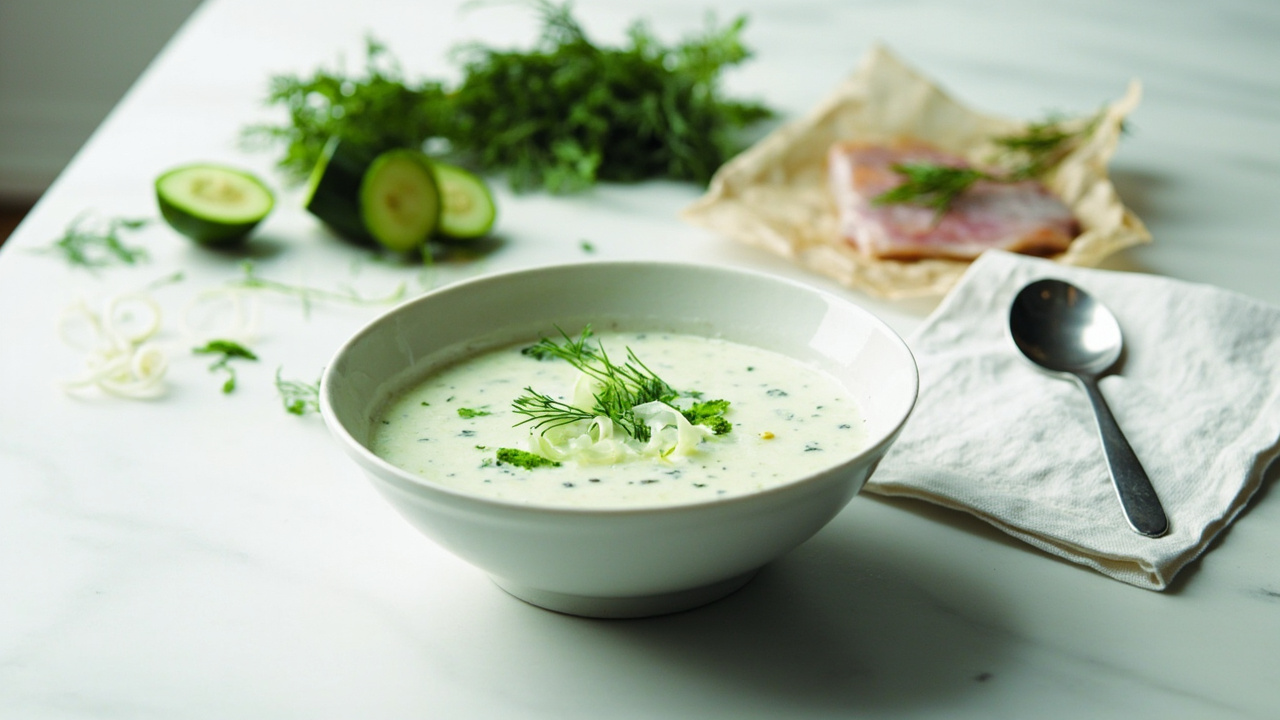 Chilled Cucumber-Yogurt Soup with Fresh Trout and Dill