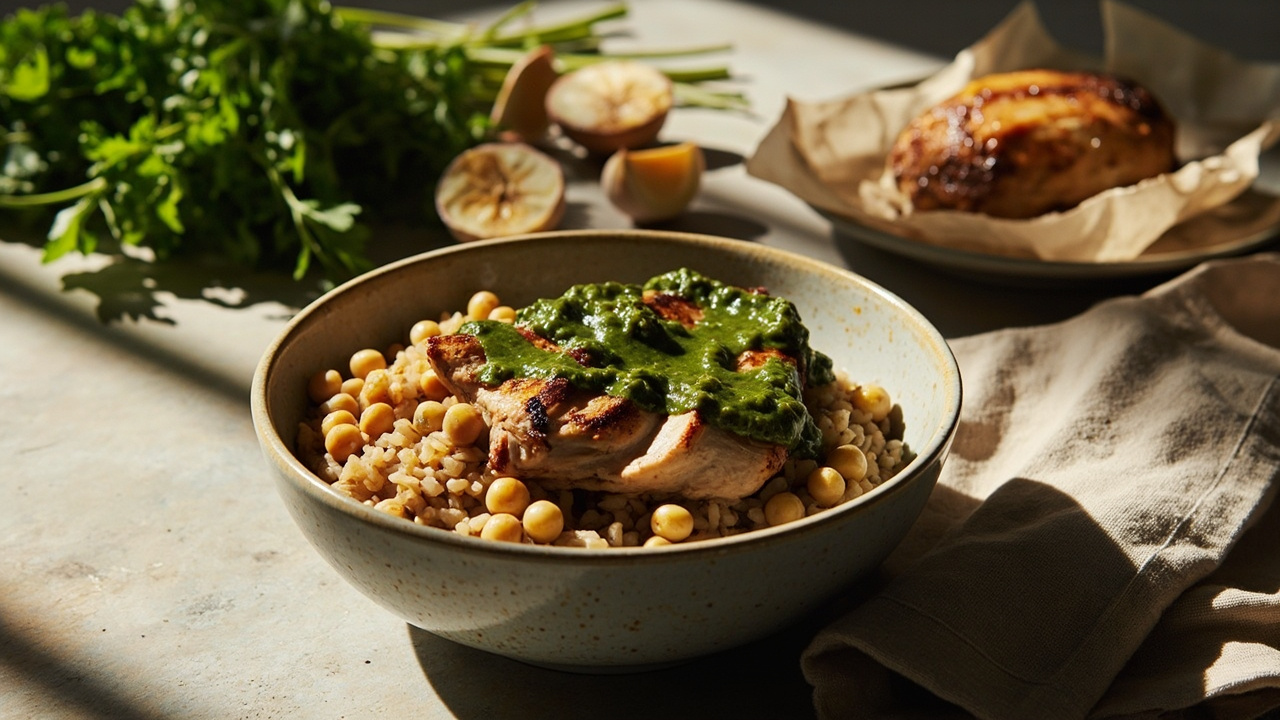 Chimichurri Chicken Bowls with Brown Rice and Chickpeas