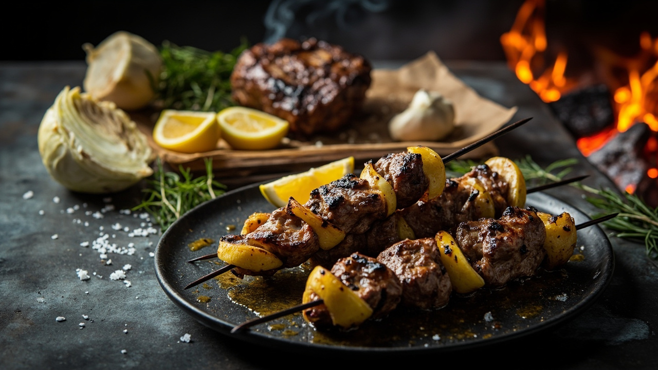 Coal-Roasted Fennel and Lamb Skewers with Charred Lemon