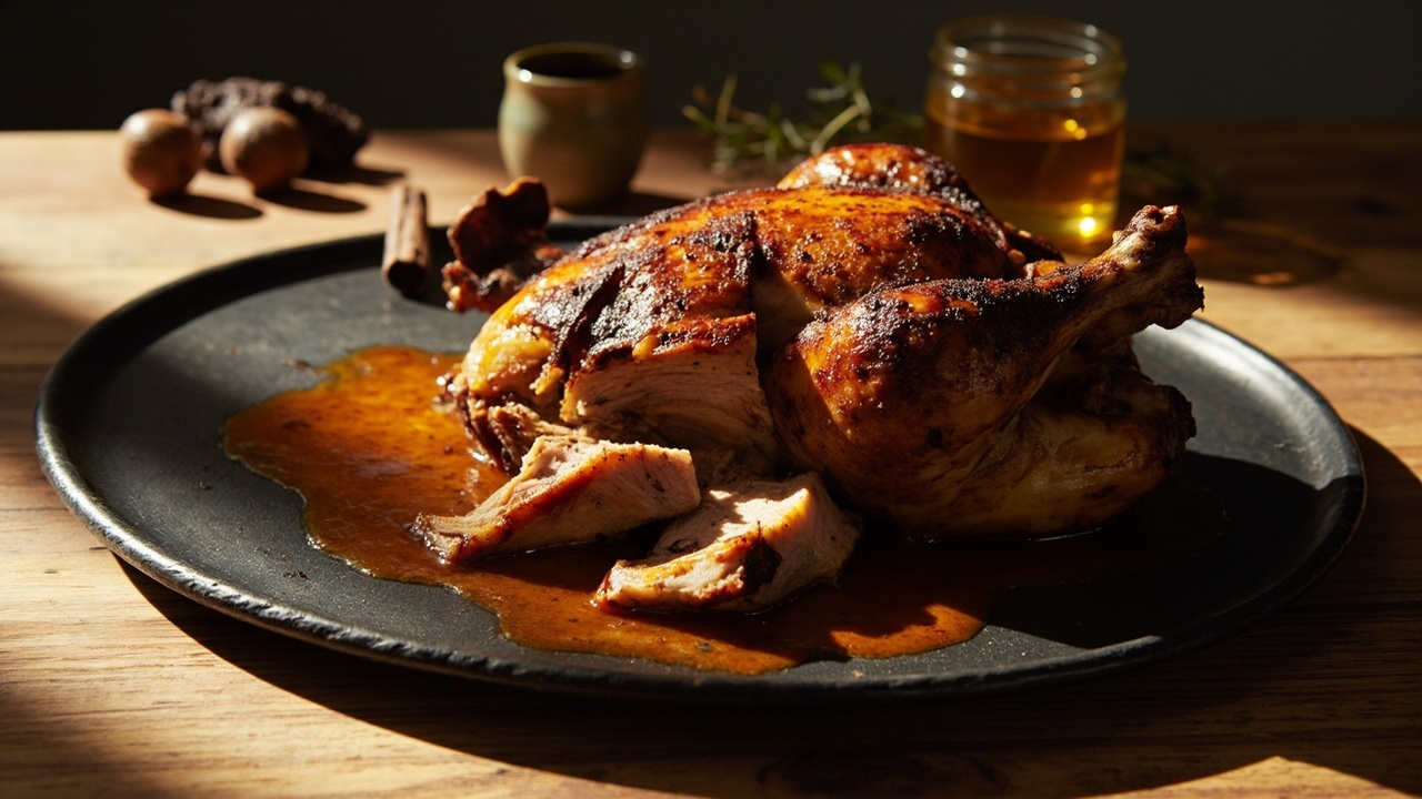 Cocoa-Dusted Banana and Orange Roast Chicken
