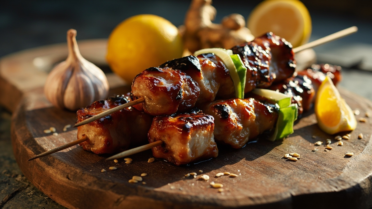 Coconut Charcoal Pork Belly Skewers with Soy-Maple Glaze