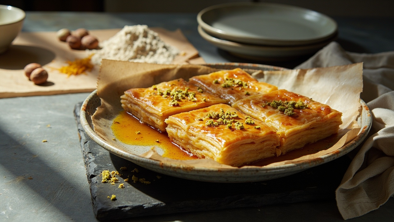 Coconut Flour Baklava Diamonds with Saffron Syrup
