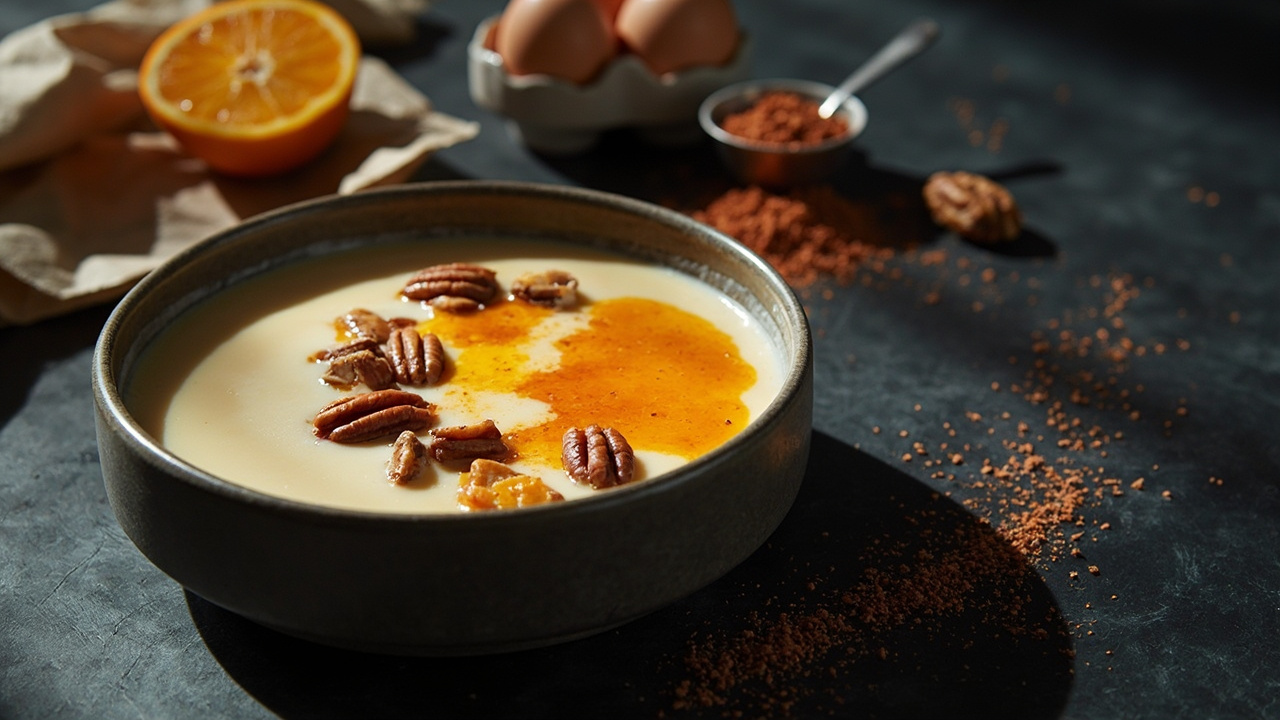Coconut Flour Custard with Caramelized Orange, Toasted Pecans, and Chili Salt