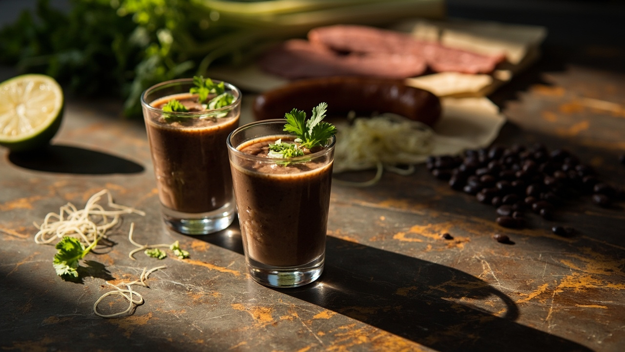 Coconut‑Milk Black‑Bean Soup Shooters with Smoky Sausage and Fennel