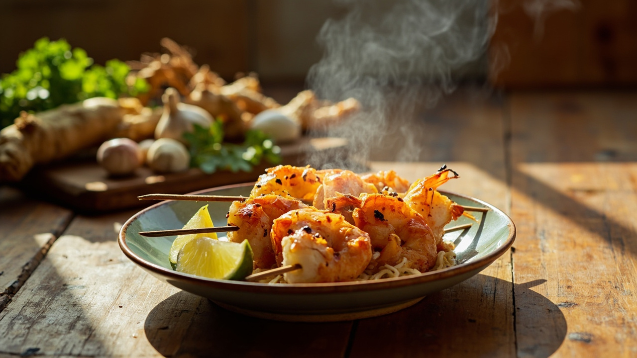 Coconut Turmeric Shrimp Skewers with Lime and Black Pepper