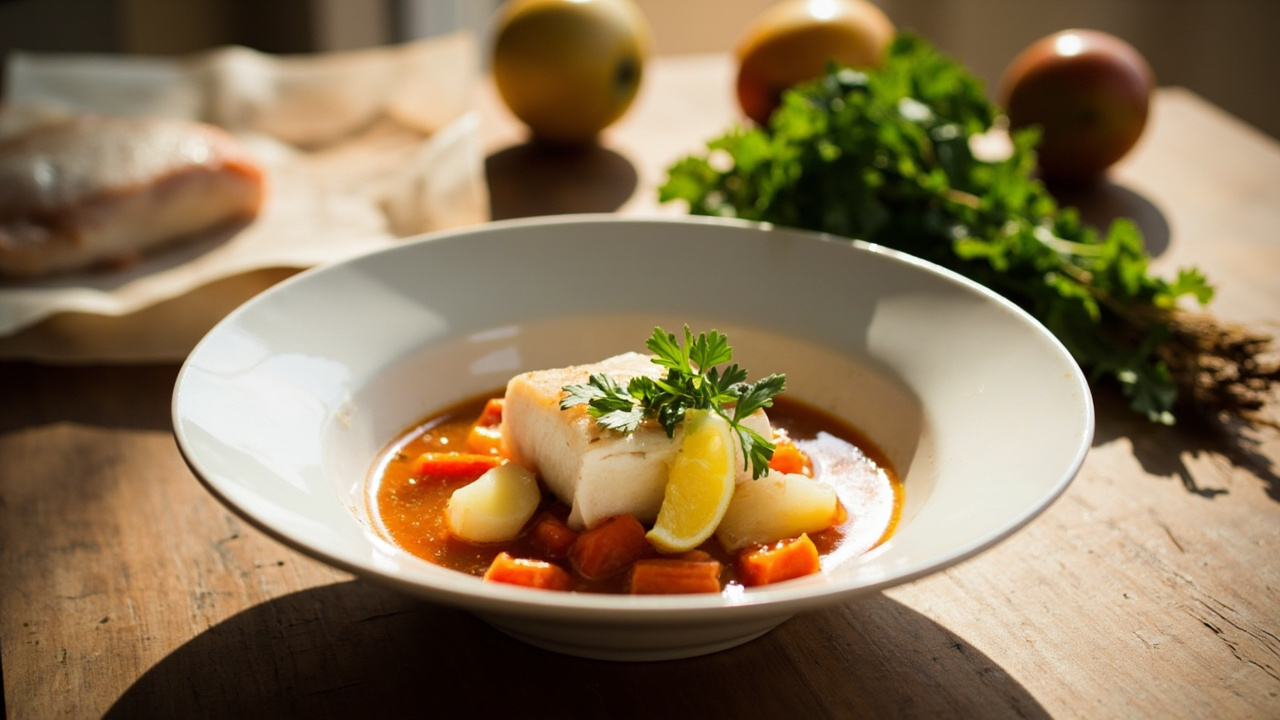 Cod poached in herby tomato broth