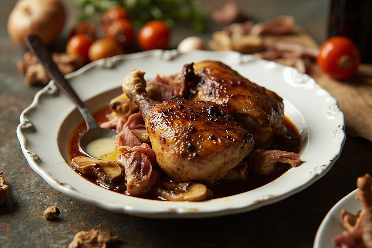 Coq au Vin with Mushrooms and Bacon