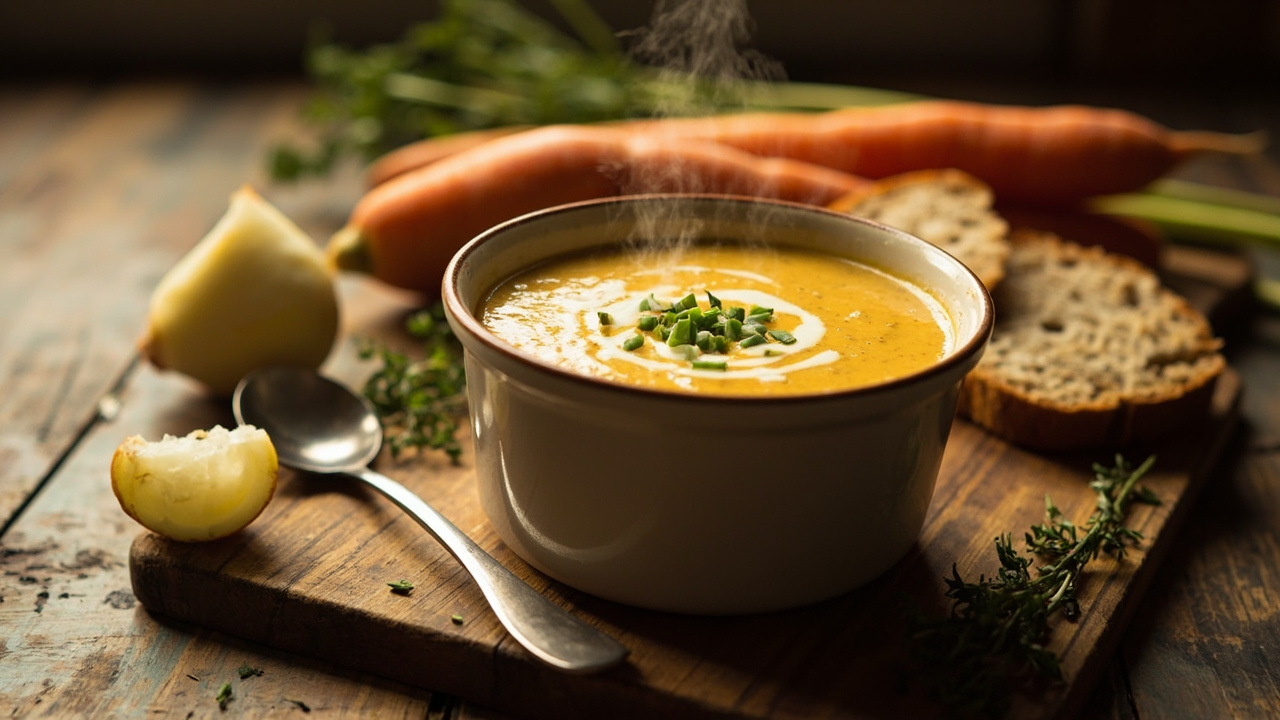 Creamy Celery and Carrot Soup with Thyme and Chives